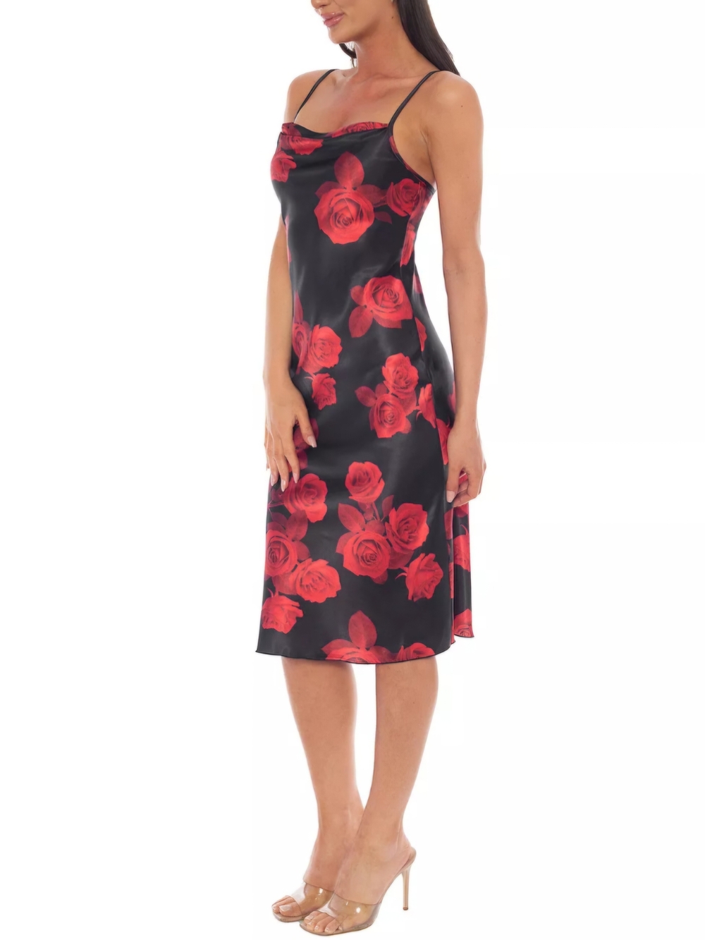 Slip Dress Cowl Neck Black Slip Red Rose Print Madi Dress Side Slip Date Night